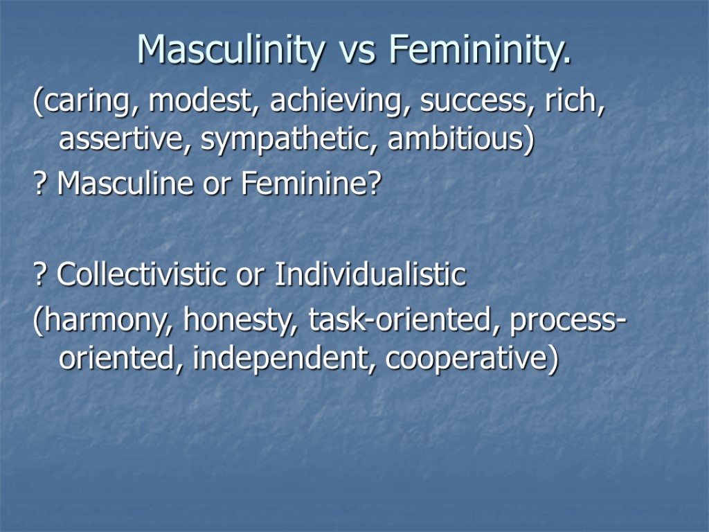 Masculinity vs Femininity. (caring, modest, achieving, success, rich, assertive, sympathetic, ambitious) ? Masculine or